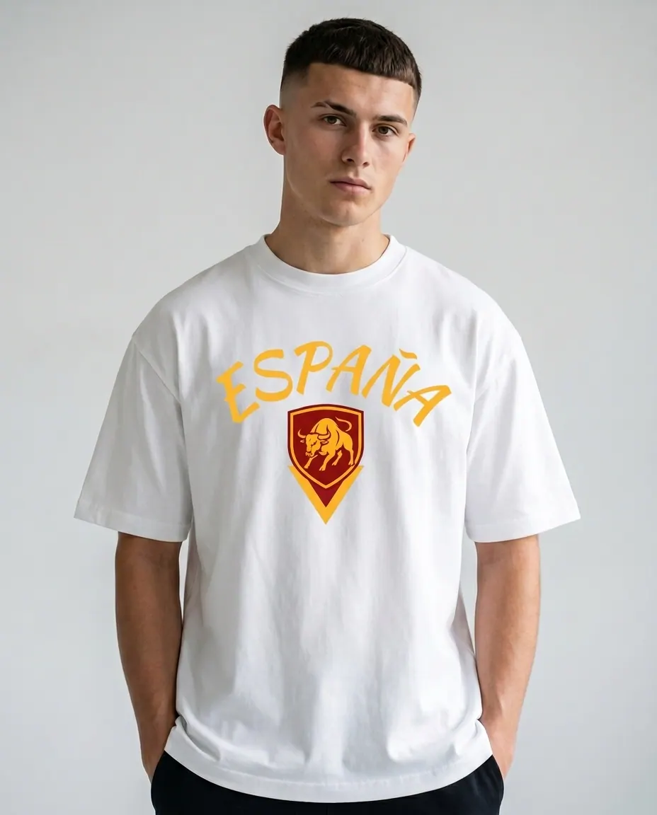 España tee front mockup on model